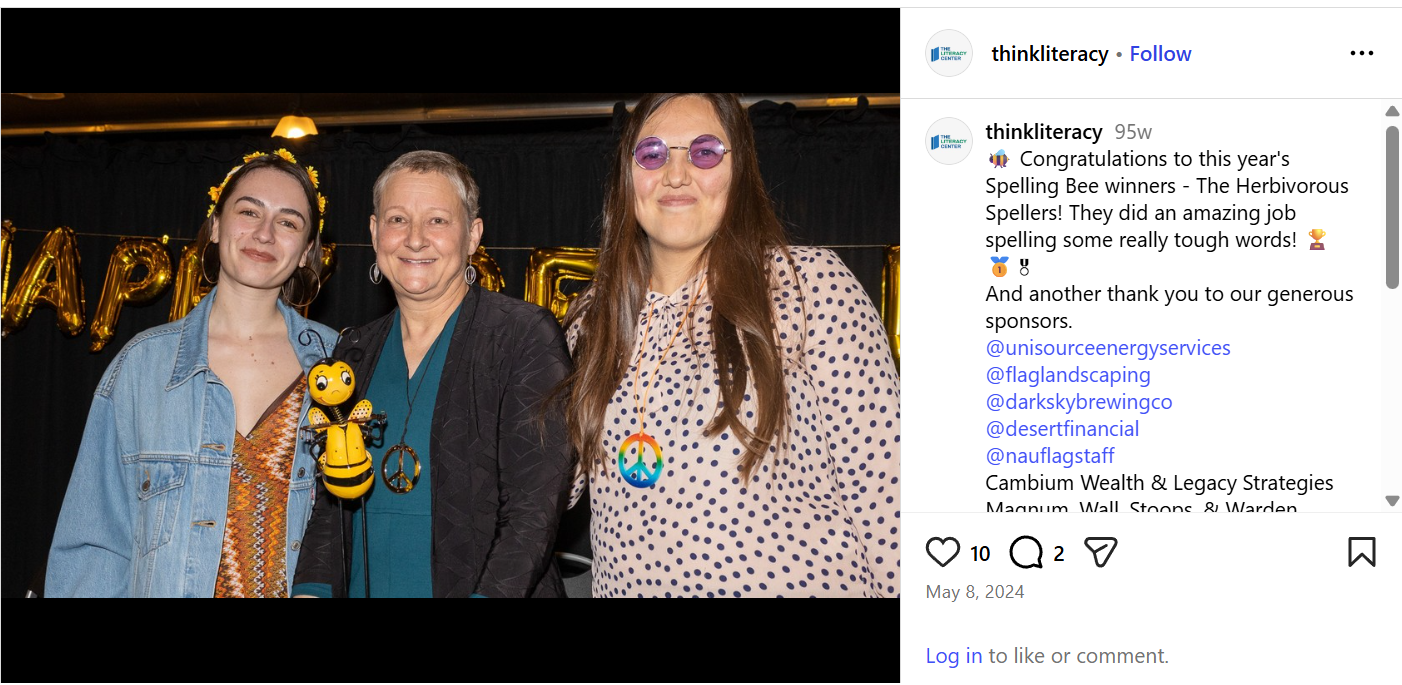 Literacy Center Instagram post congratulating spelling bee winners
